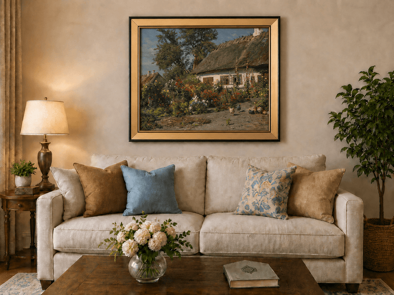 Paysage de jardin de cottage fleuri, peinture à l'huile, scène peinte à la main