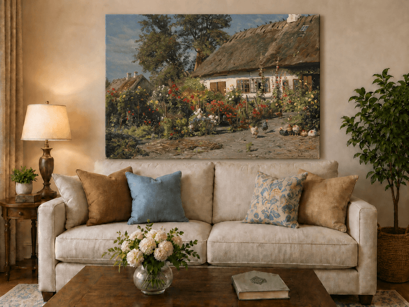 Paysage de jardin de cottage fleuri, peinture à l'huile, scène peinte à la main