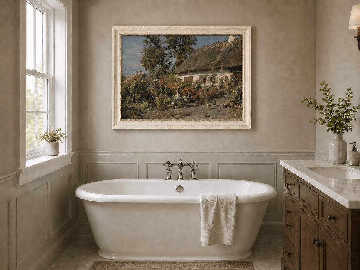 Paysage de jardin de cottage fleuri, peinture à l'huile, scène peinte à la main