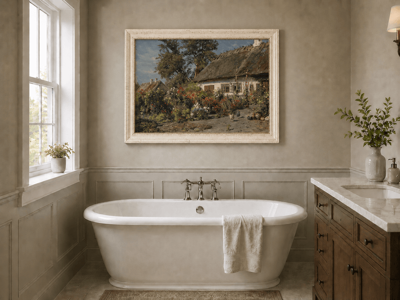 Paysage de jardin de cottage fleuri, peinture à l'huile, scène peinte à la main