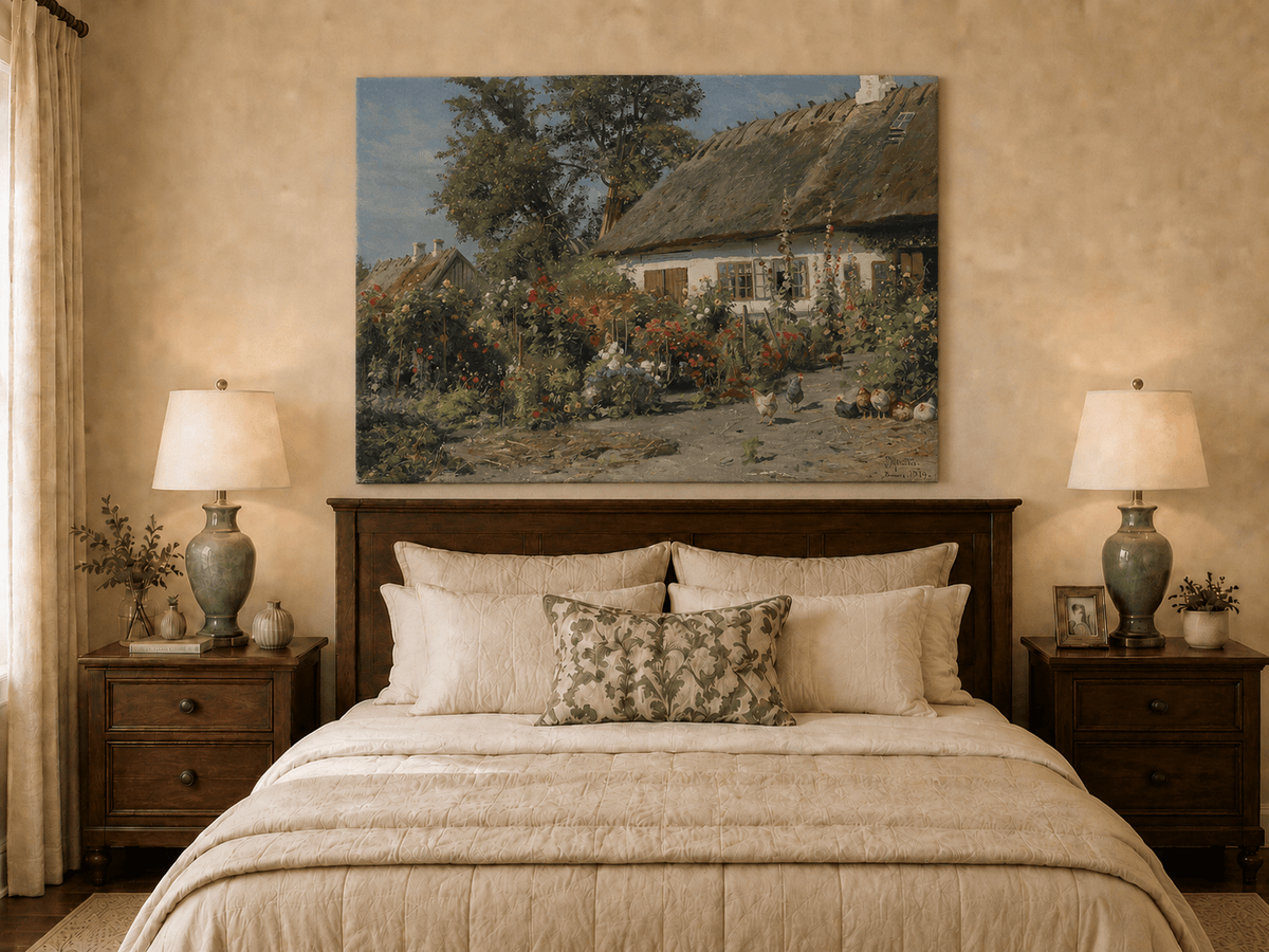 Paysage de jardin de cottage fleuri, peinture à l'huile, scène peinte à la main