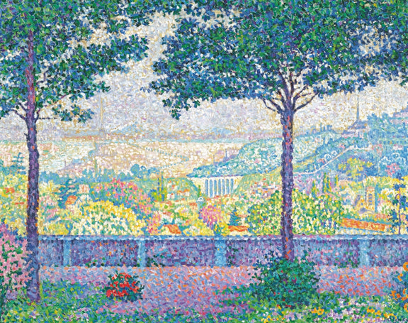 Landscape Oil Painting - Flowering Garden Terrace with Paris View - Oil Painting Haven
