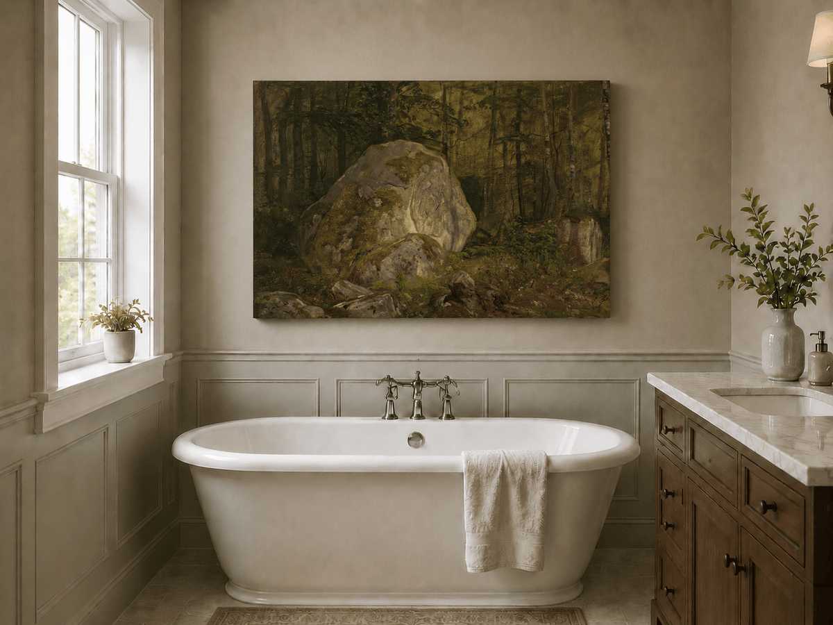 Landscape Oil Painting - Forest Boulders and Quiet Woodland Path
