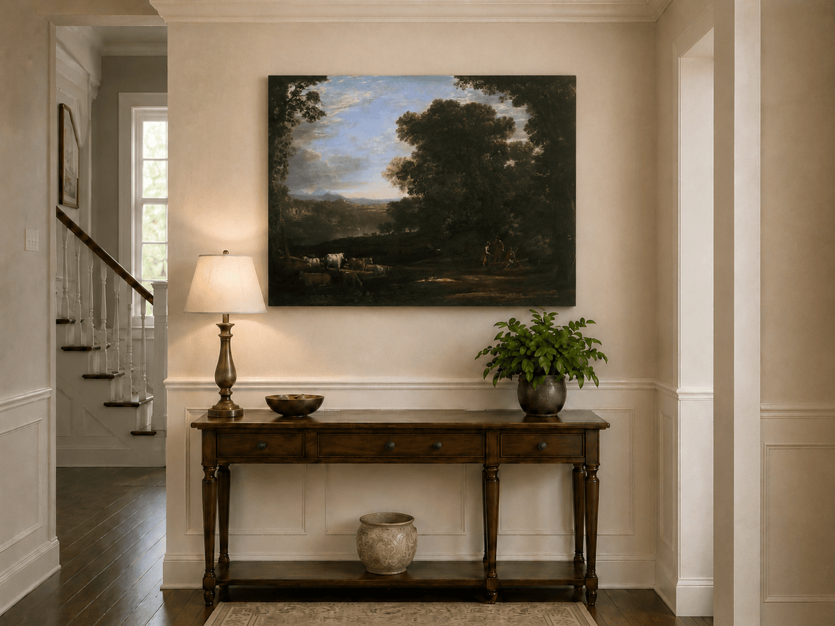 Landscape Oil Painting - Forest Clearing Cattle & Figures