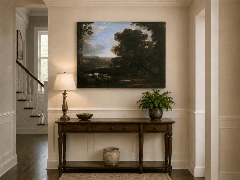 Landscape Oil Painting - Forest Clearing Cattle & Figures