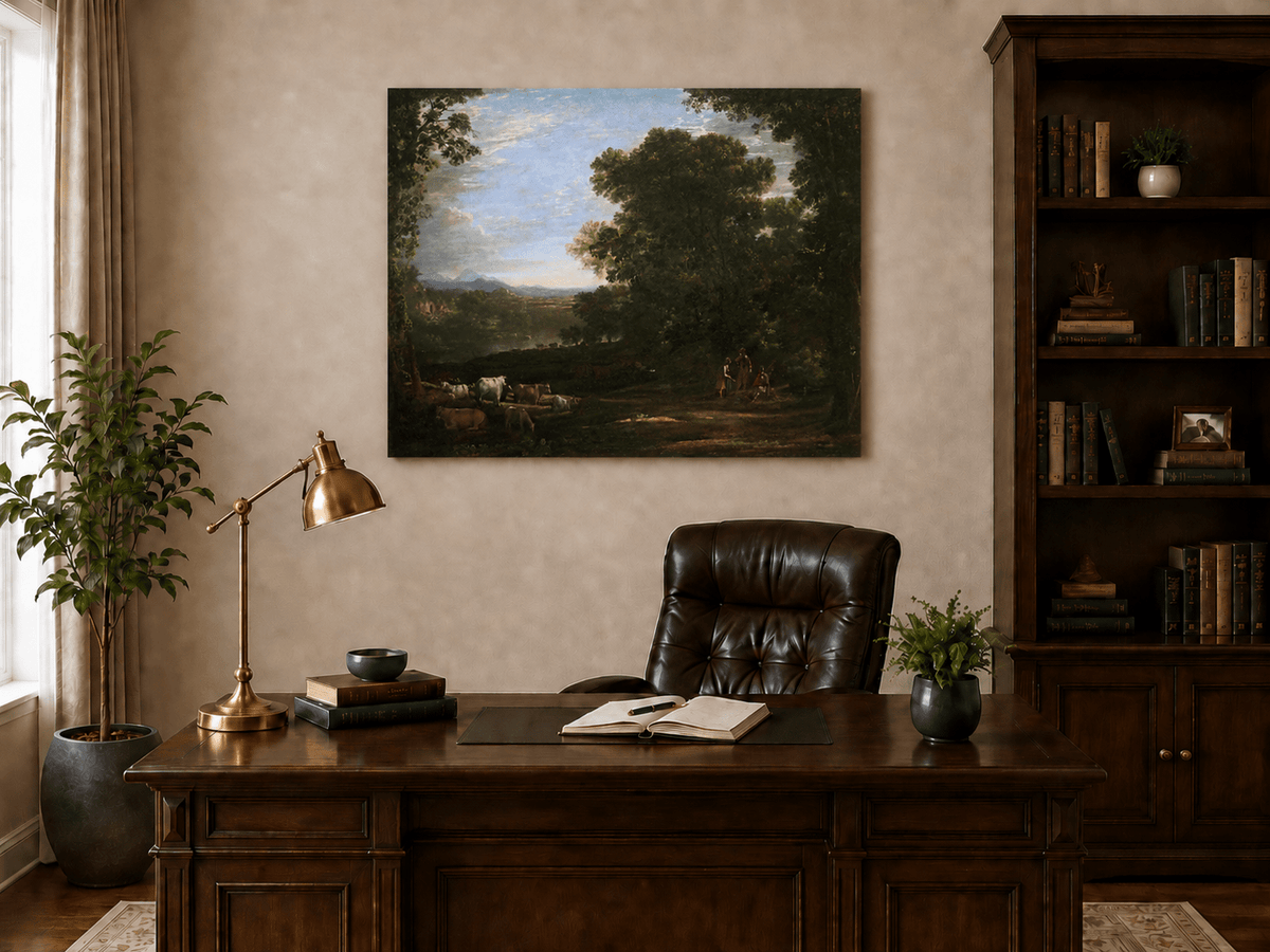 Landscape Oil Painting - Forest Clearing Cattle & Figures