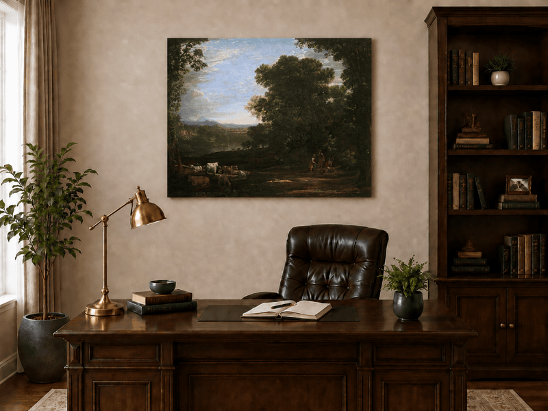 Landscape Oil Painting - Forest Clearing Cattle & Figures