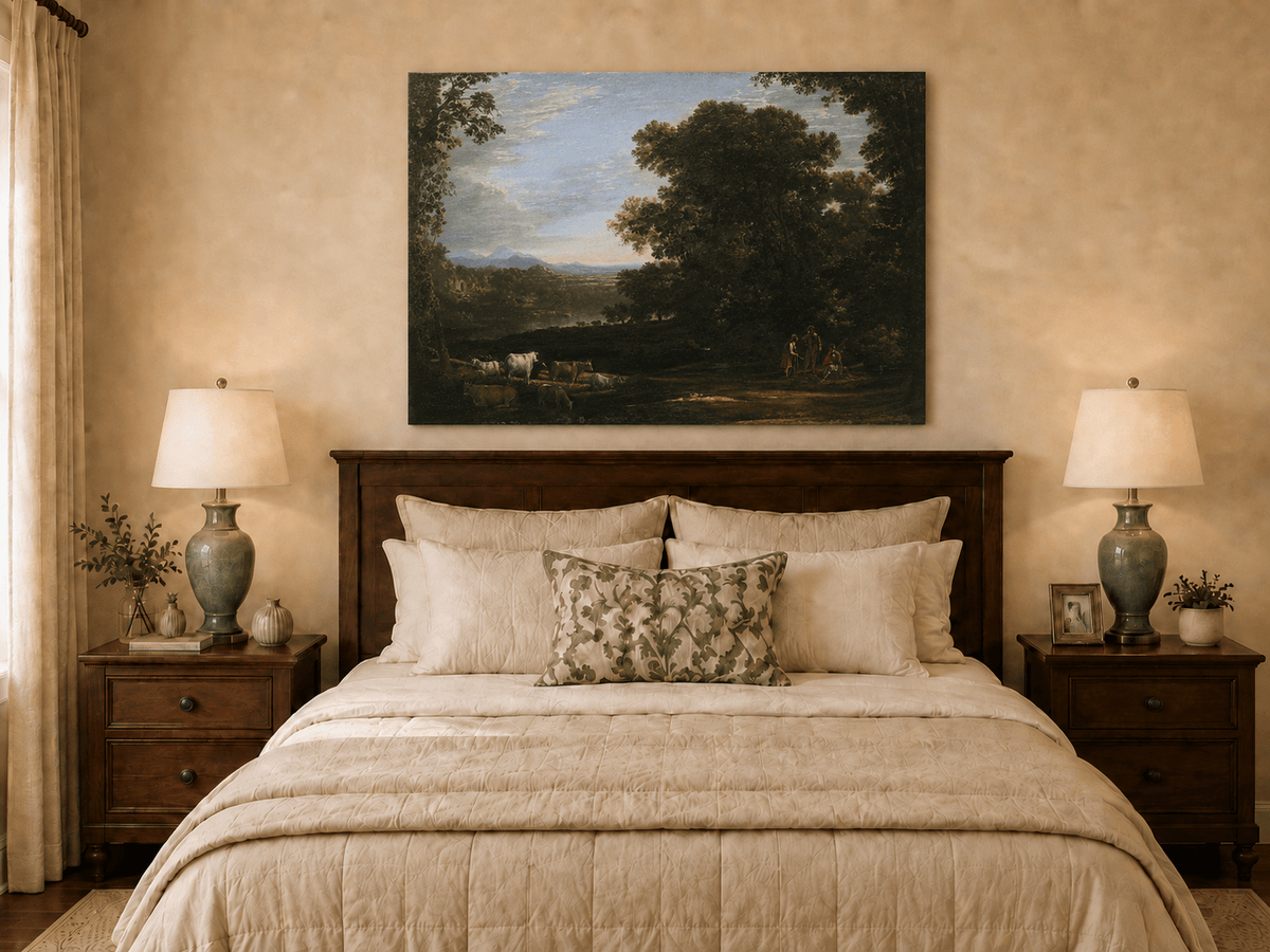 Landscape Oil Painting - Forest Clearing Cattle & Figures