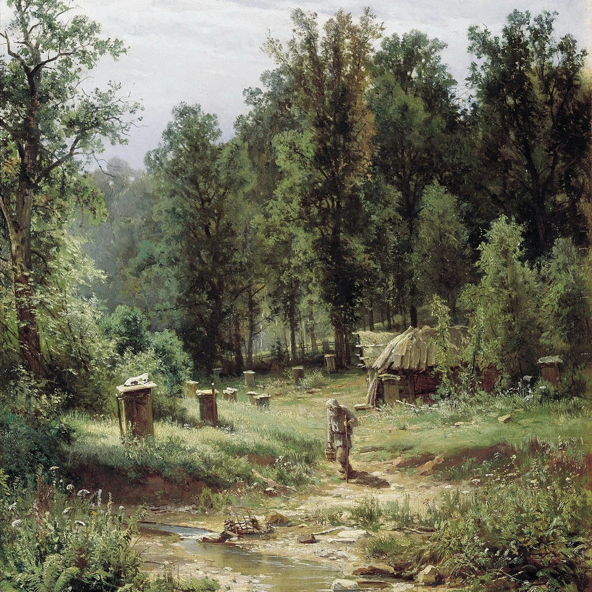 Landscape oil painting of a forest cottage beside a stream path with textured brushwork on canvas, hand painted oil painting . - Add Frame, Canvas, Cottage, Country, Figure, Forest, Hand Painted, Landscape, Made To Order, Oil Painting, River, Road