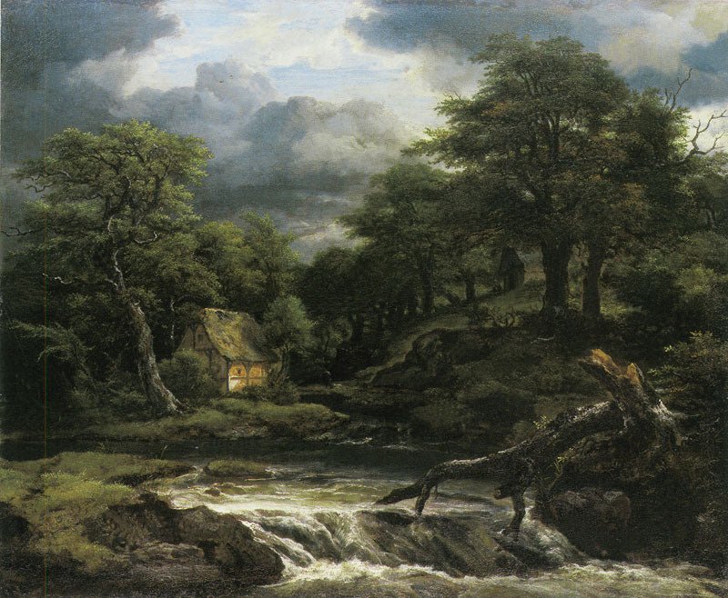 Hand-painted forest cottage by waterfall stream landscape oil painting on canvas