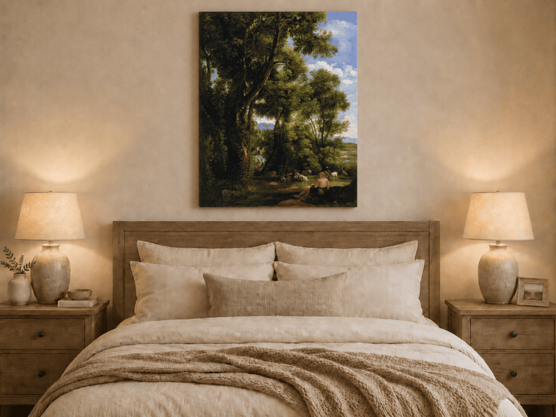 Peinture à l'huile de paysage - Scène de forêt avec personnage et animaux