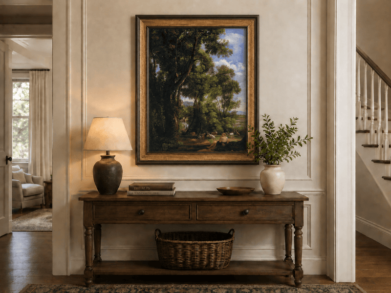 Peinture à l'huile de paysage - Scène de forêt avec personnage et animaux