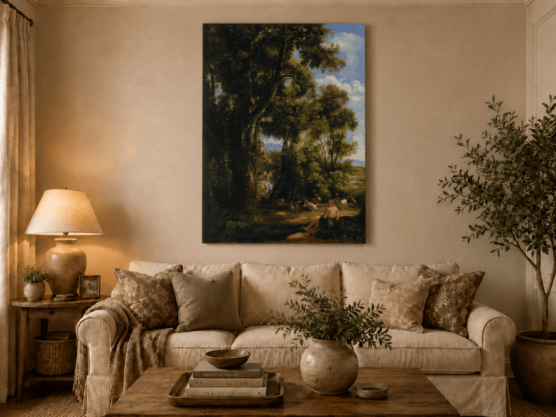 Peinture à l'huile de paysage - Scène de forêt avec personnage et animaux