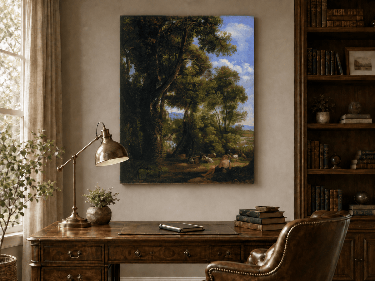 Peinture à l'huile de paysage - Scène de forêt avec personnage et animaux