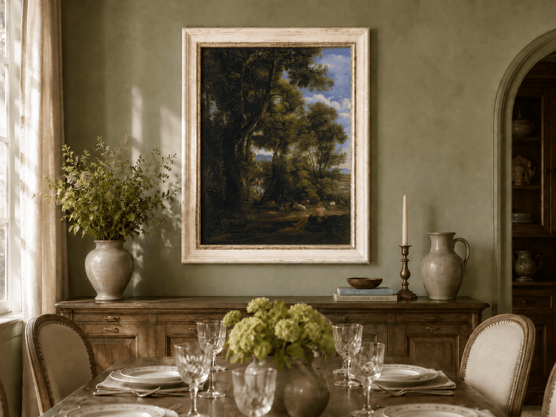Peinture à l'huile de paysage - Scène de forêt avec personnage et animaux