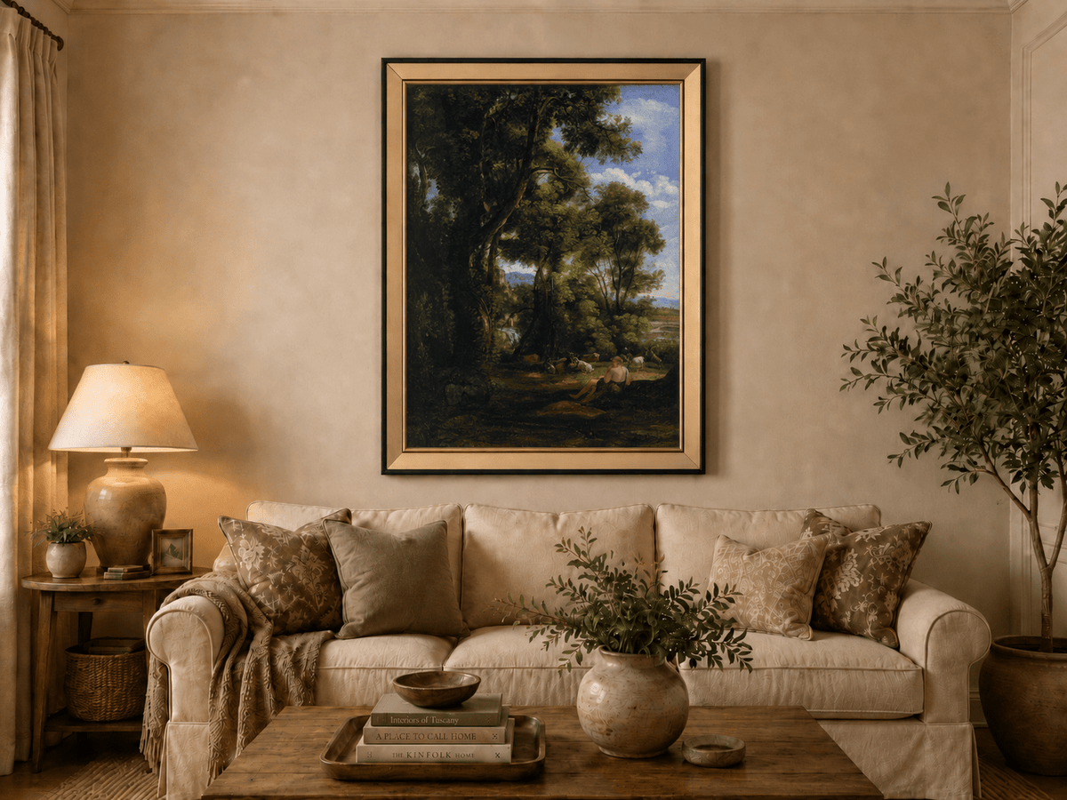 Peinture à l'huile de paysage - Scène de forêt avec personnage et animaux