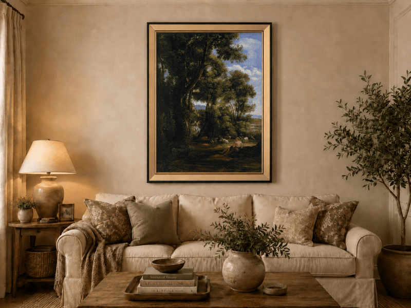 Peinture à l'huile de paysage - Scène de forêt avec personnage et animaux