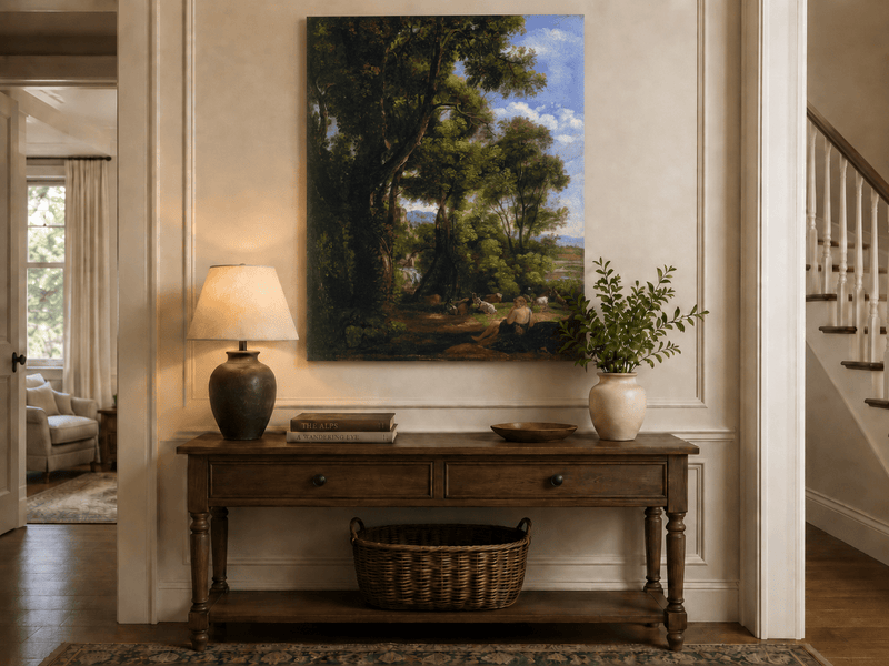 Peinture à l'huile de paysage - Scène de forêt avec personnage et animaux