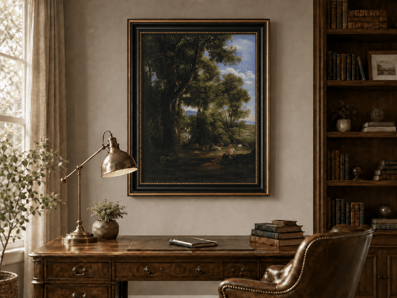 Peinture à l'huile de paysage - Scène de forêt avec personnage et animaux