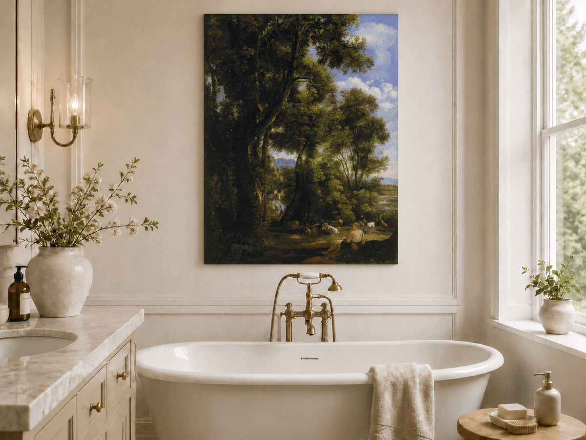 Peinture à l'huile de paysage - Scène de forêt avec personnage et animaux