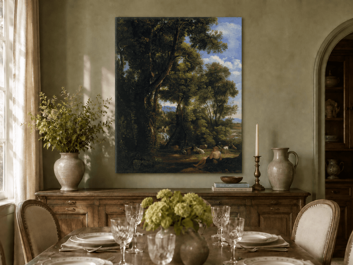 Peinture à l'huile de paysage - Scène de forêt avec personnage et animaux