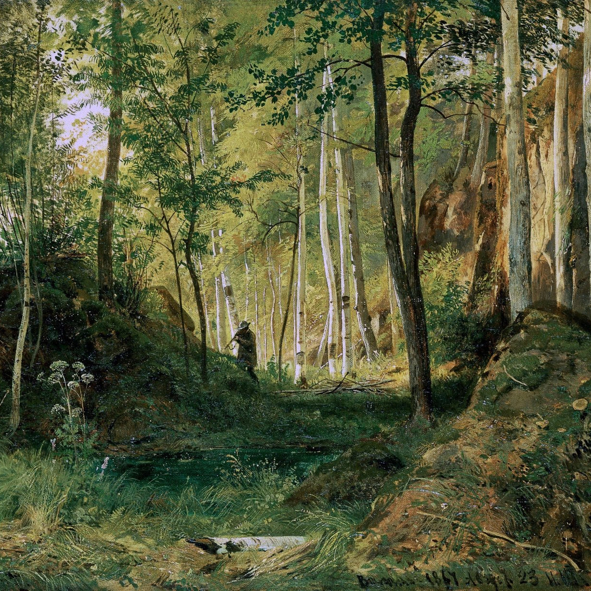 Landscape Oil Painting - Forest Glade Figure & Rocks