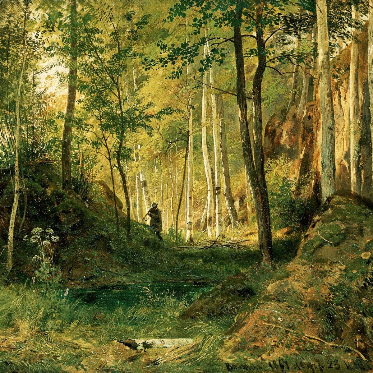 Hand-painted forest glade with figure and rocks wall art landscape oil painting on canvas