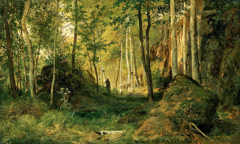 Hand-painted forest glade with figure and rocks wall art landscape oil painting on canvas