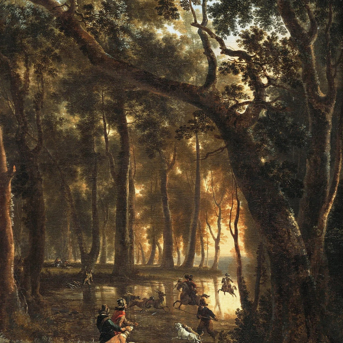 Landscape Oil Painting - Forest Hunting Scene with Figures and Animals - Oil Painting Haven
