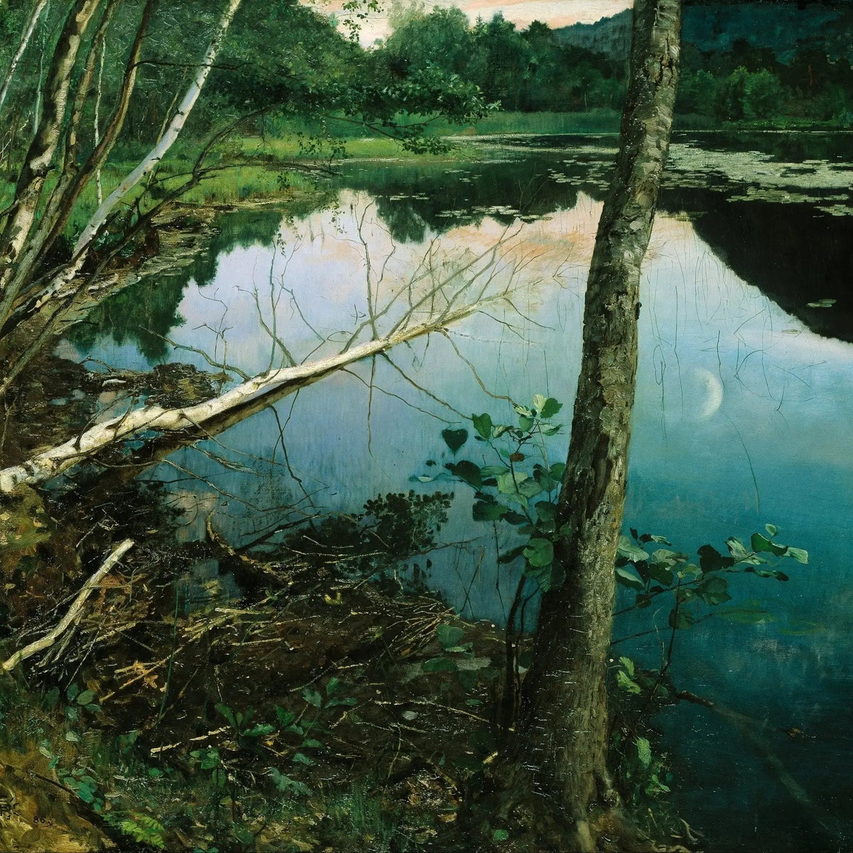 Landscape Oil Painting - Forest Lake Scene with Reflections and Moon - Oil Painting Haven