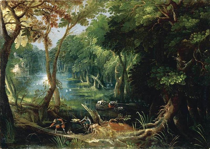 Hand-painted forest lake with figures and fishermen landscape oil painting on canvas