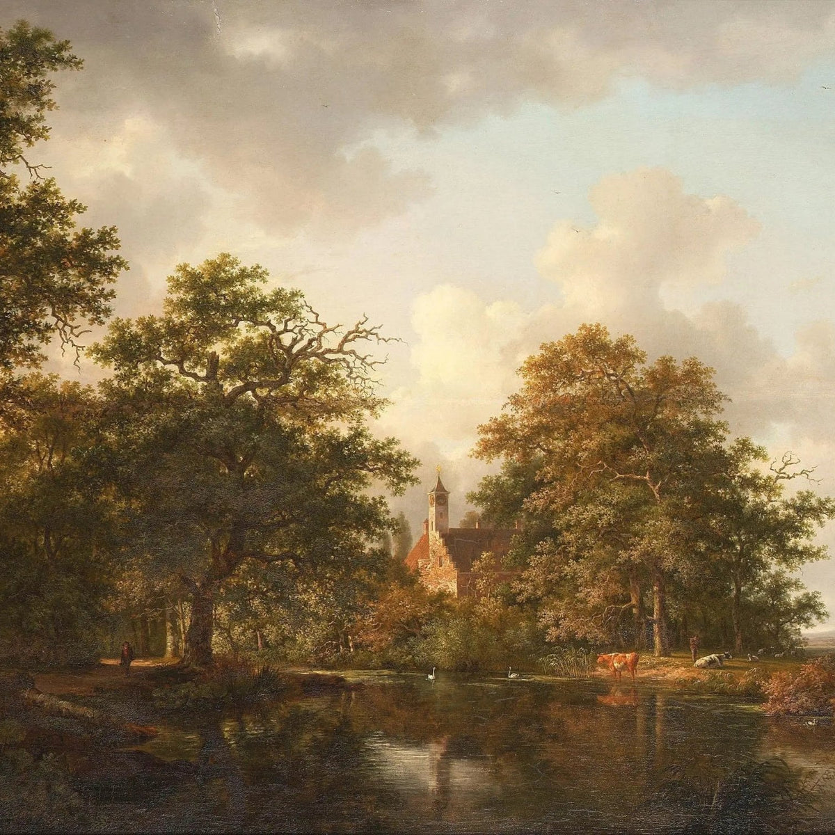 Landscape Oil Painting - Forest Lake with House, Cattle & Trees - Oil Painting Haven