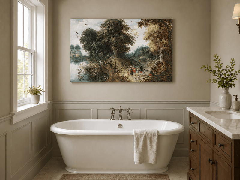 Landscape Oil Painting - Forest Landscape Travelers & Castle