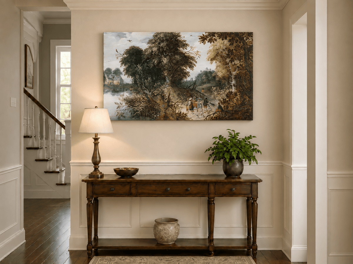 Landscape Oil Painting - Forest Landscape Travelers & Castle
