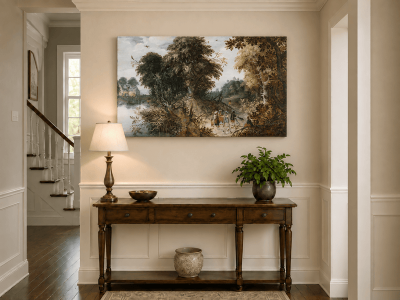 Landscape Oil Painting - Forest Landscape Travelers & Castle