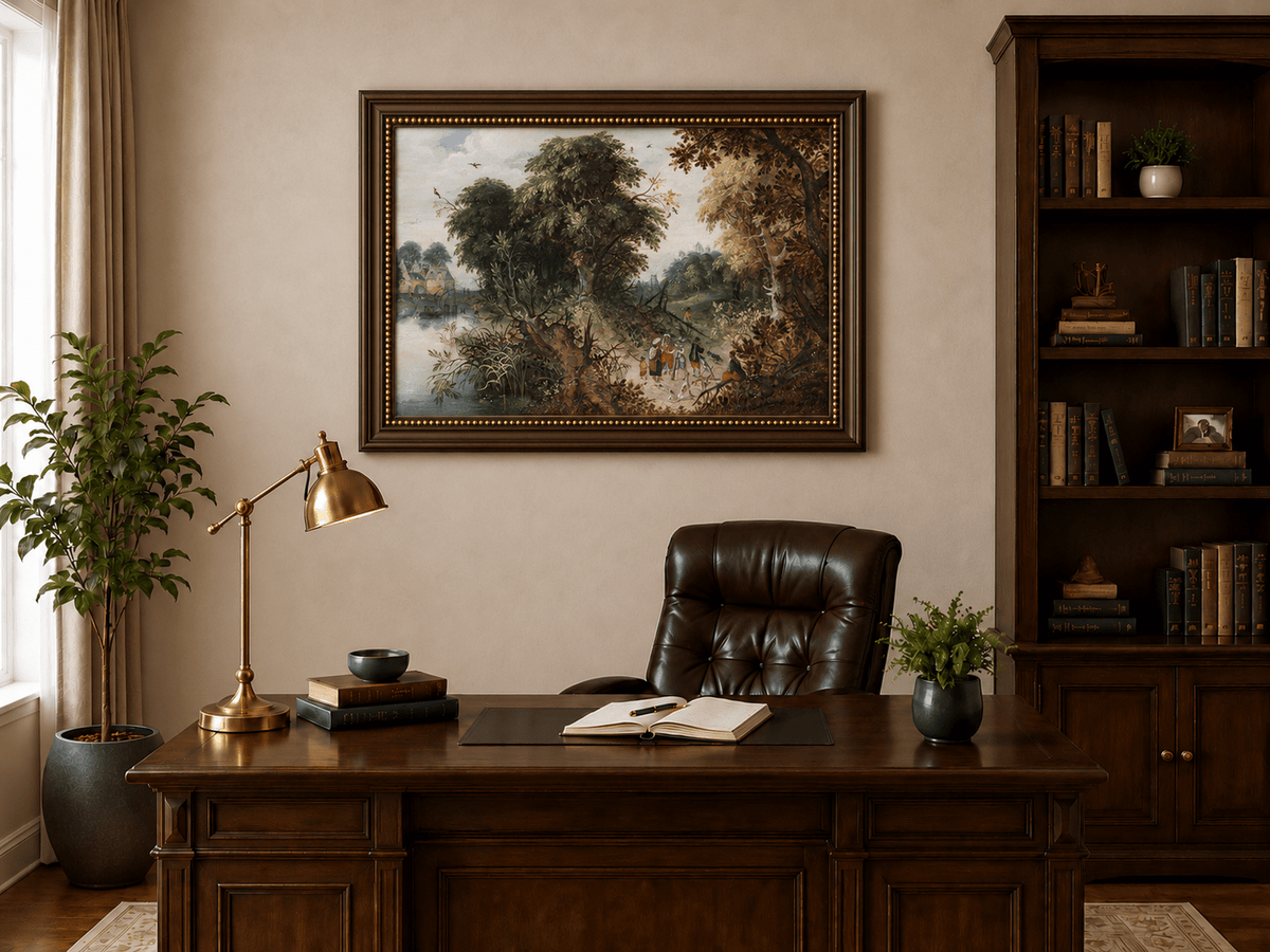 Landscape Oil Painting - Forest Landscape Travelers & Castle