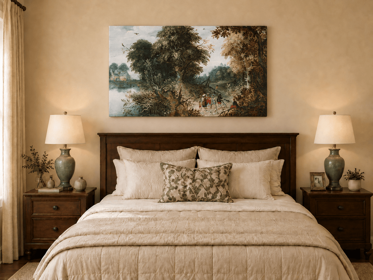 Landscape Oil Painting - Forest Landscape Travelers & Castle
