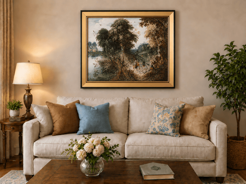 Landscape Oil Painting - Forest Landscape Travelers & Castle