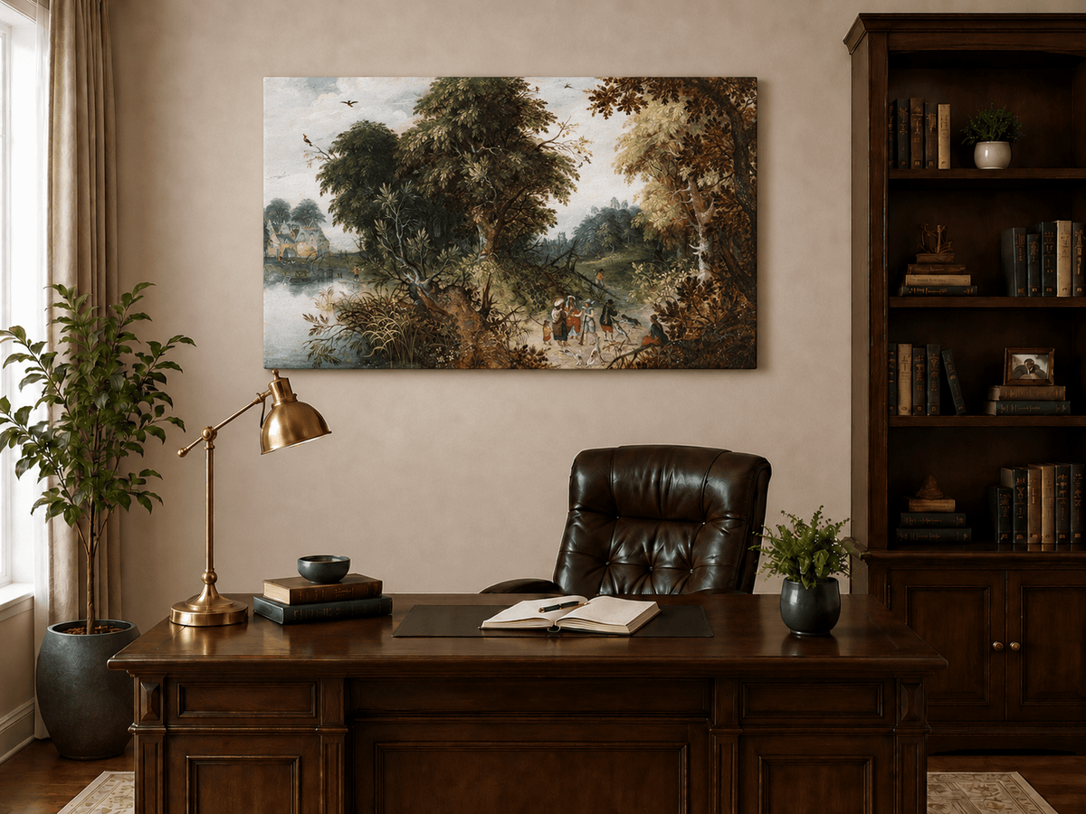 Landscape Oil Painting - Forest Landscape Travelers & Castle