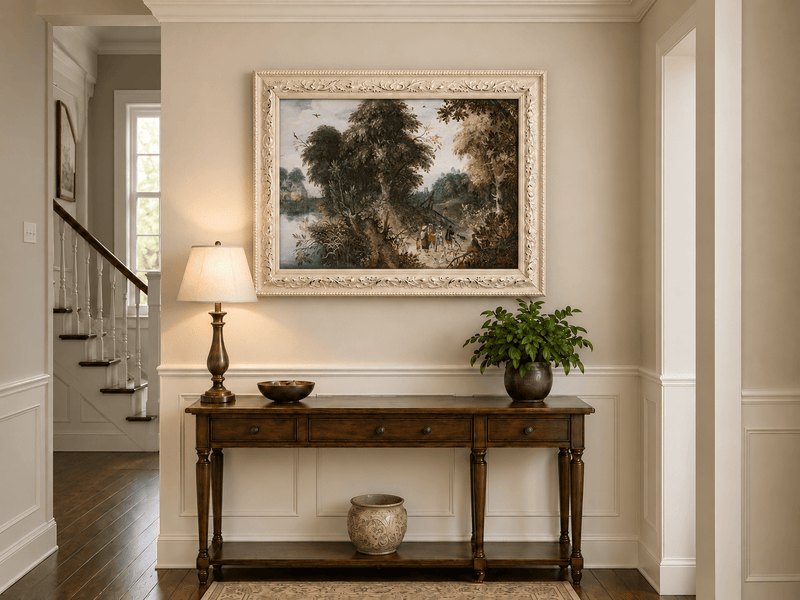 Landscape Oil Painting - Forest Landscape Travelers & Castle