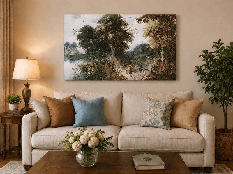 Landscape Oil Painting - Forest Landscape Travelers & Castle