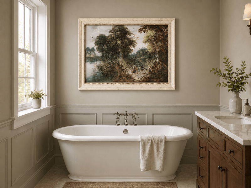 Landscape Oil Painting - Forest Landscape Travelers & Castle
