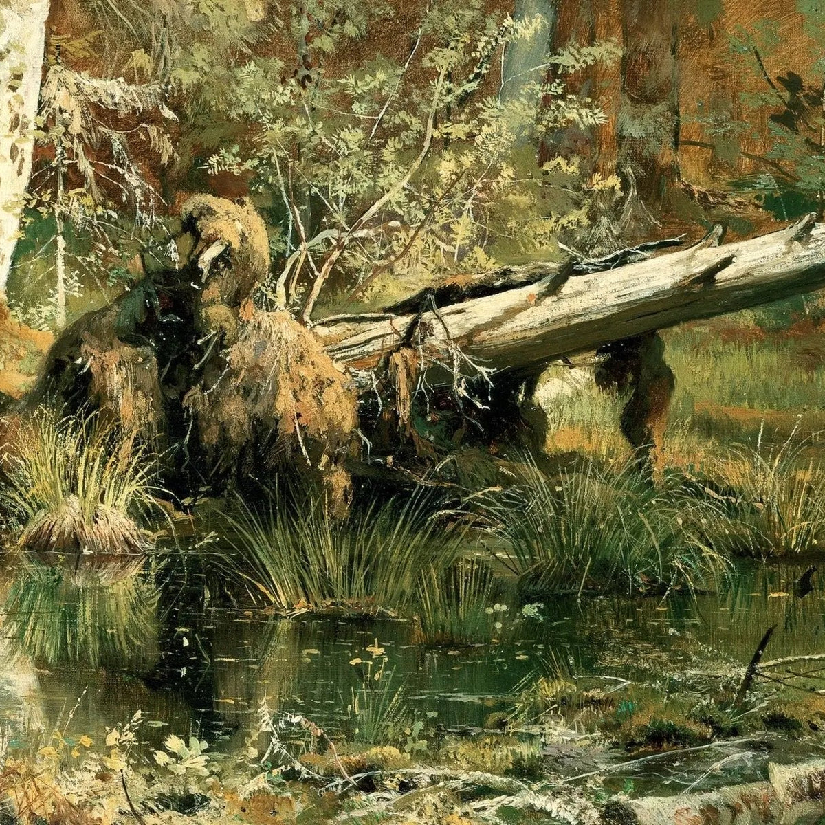 Landscape Oil Painting - Forest Marsh with Bear Wall Art - Oil Painting Haven