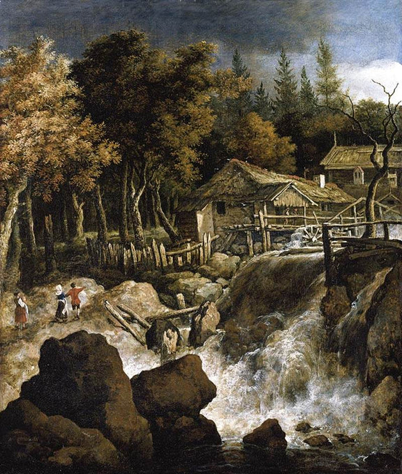 Hand-painted forest mill by a rocky waterfall landscape oil painting on canvas