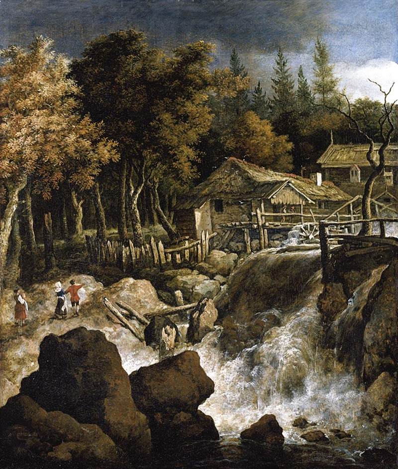 Hand-painted forest mill by a rocky waterfall landscape oil painting on canvas