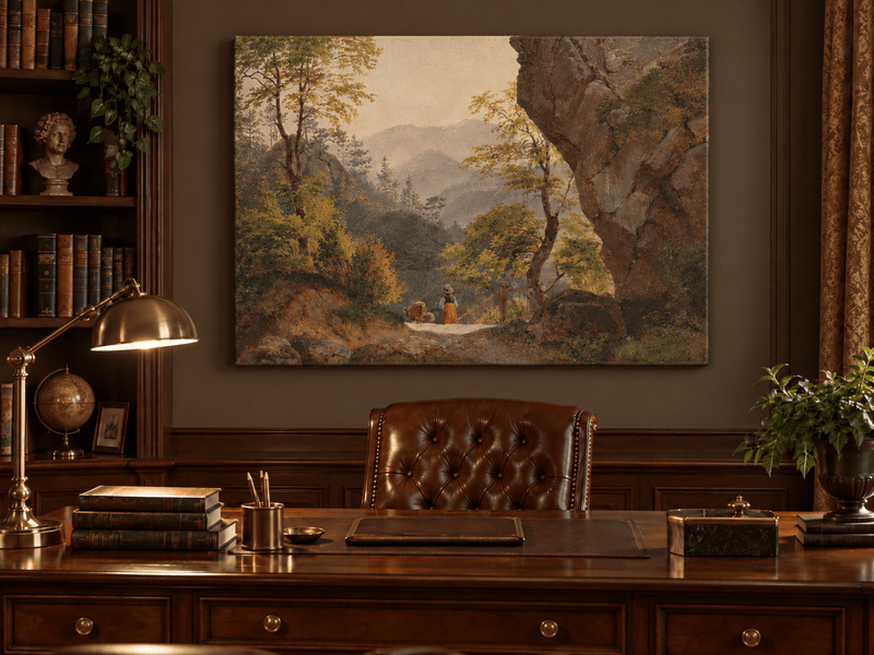 Landscape Oil Painting - Forest Mountain Path Figure, Valley