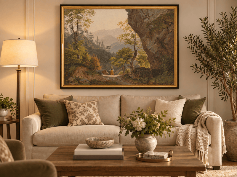 Landscape Oil Painting - Forest Mountain Path Figure, Valley