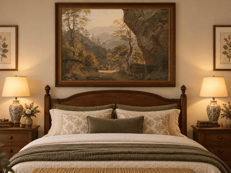 Landscape Oil Painting - Forest Mountain Path Figure, Valley