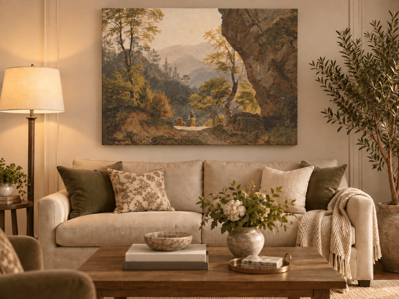 Landscape Oil Painting - Forest Mountain Path Figure, Valley