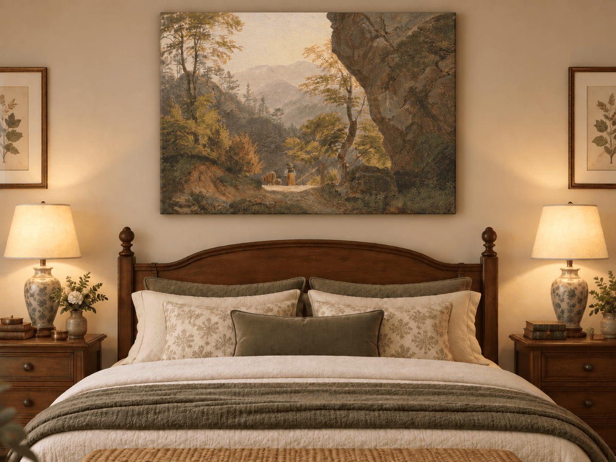 Landscape Oil Painting - Forest Mountain Path Figure, Valley